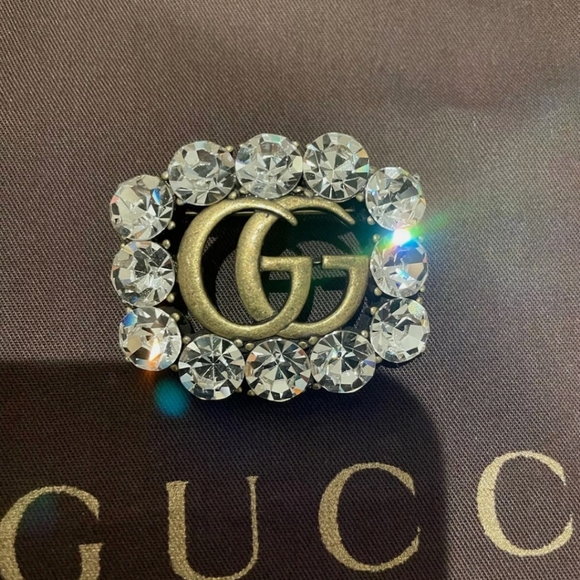 Gucci Double G Marmont Crystal Authentic Bronze RARE Vintage Brooch - Picture 2 of 9